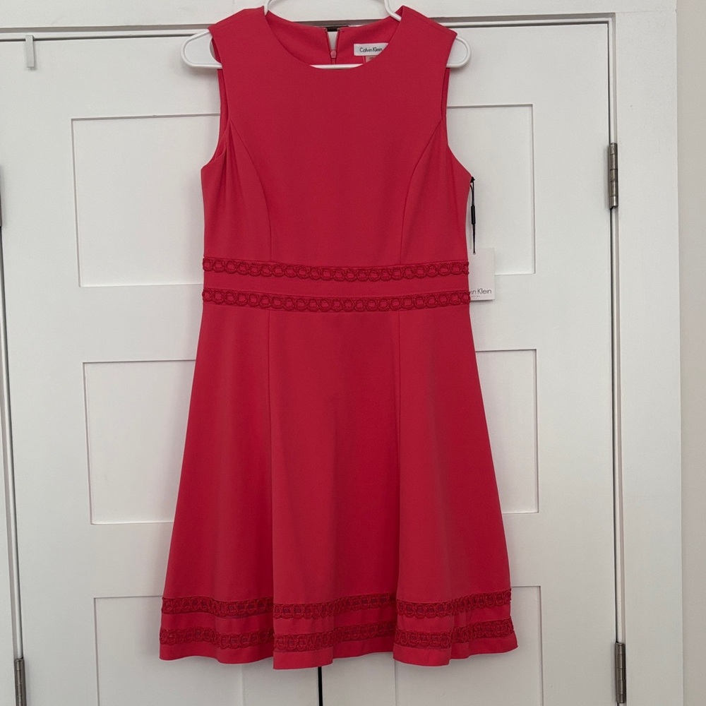 Calvin Klein Pink Sleeveless Fit-and-Flare Dress with Lace Bands